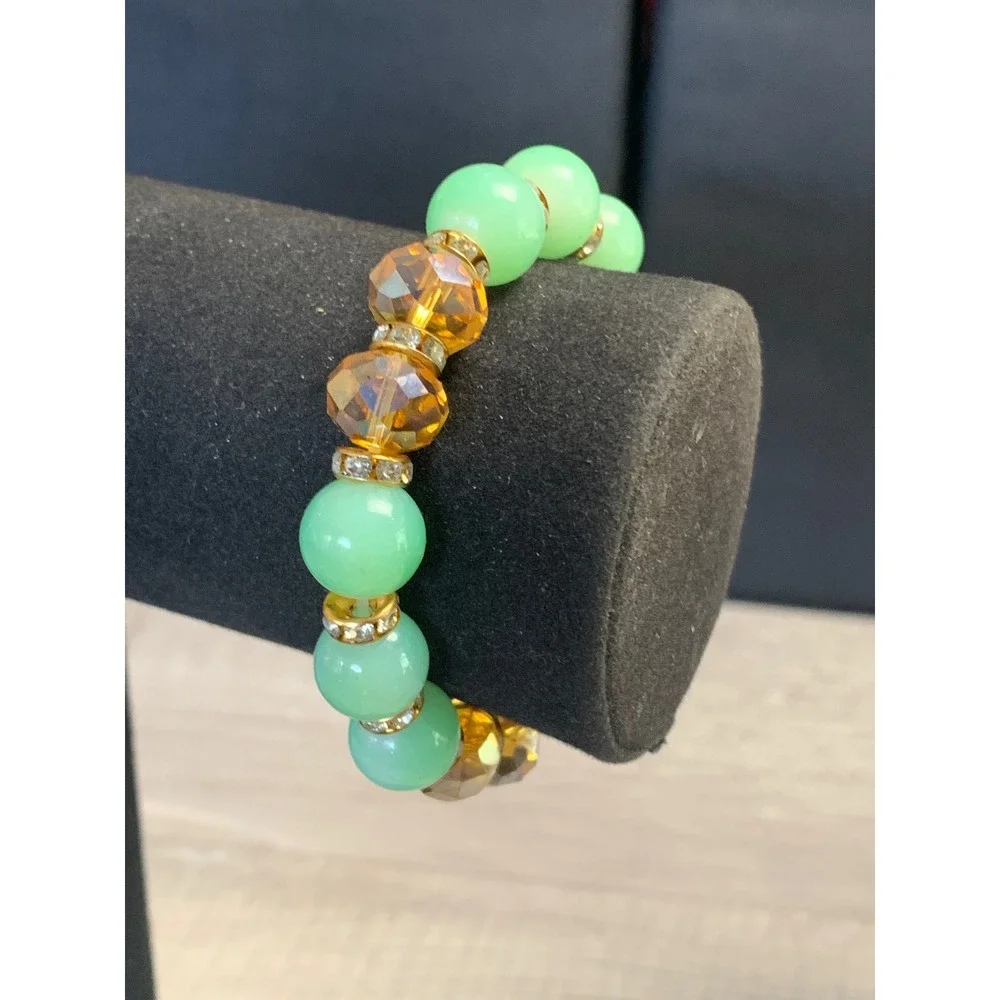 Mint Green and Amber Beaded Stretch Bracelet with Rhinestone Spacers 4520